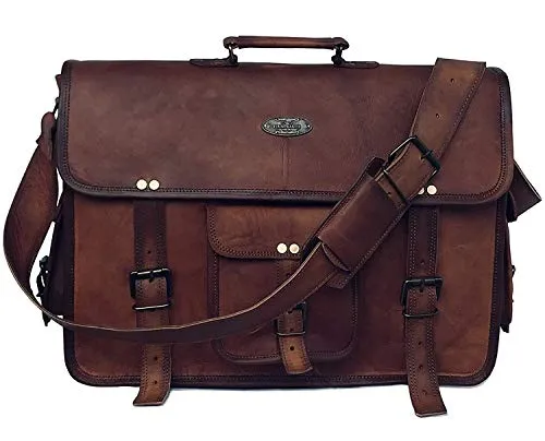 18 Inch Retro Goat Leather Laptop Messenger Bag Office Briefcase College Bag for Men and Women (Brown 18 inch)