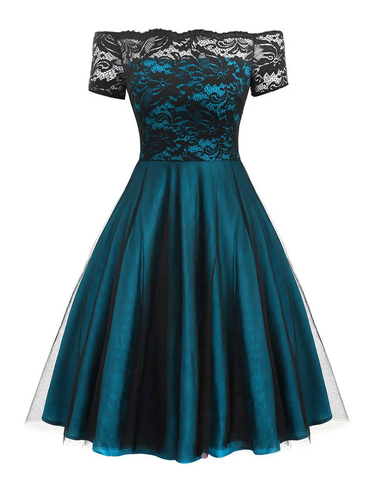 1950s Off Shoulder Lace Swing Dress