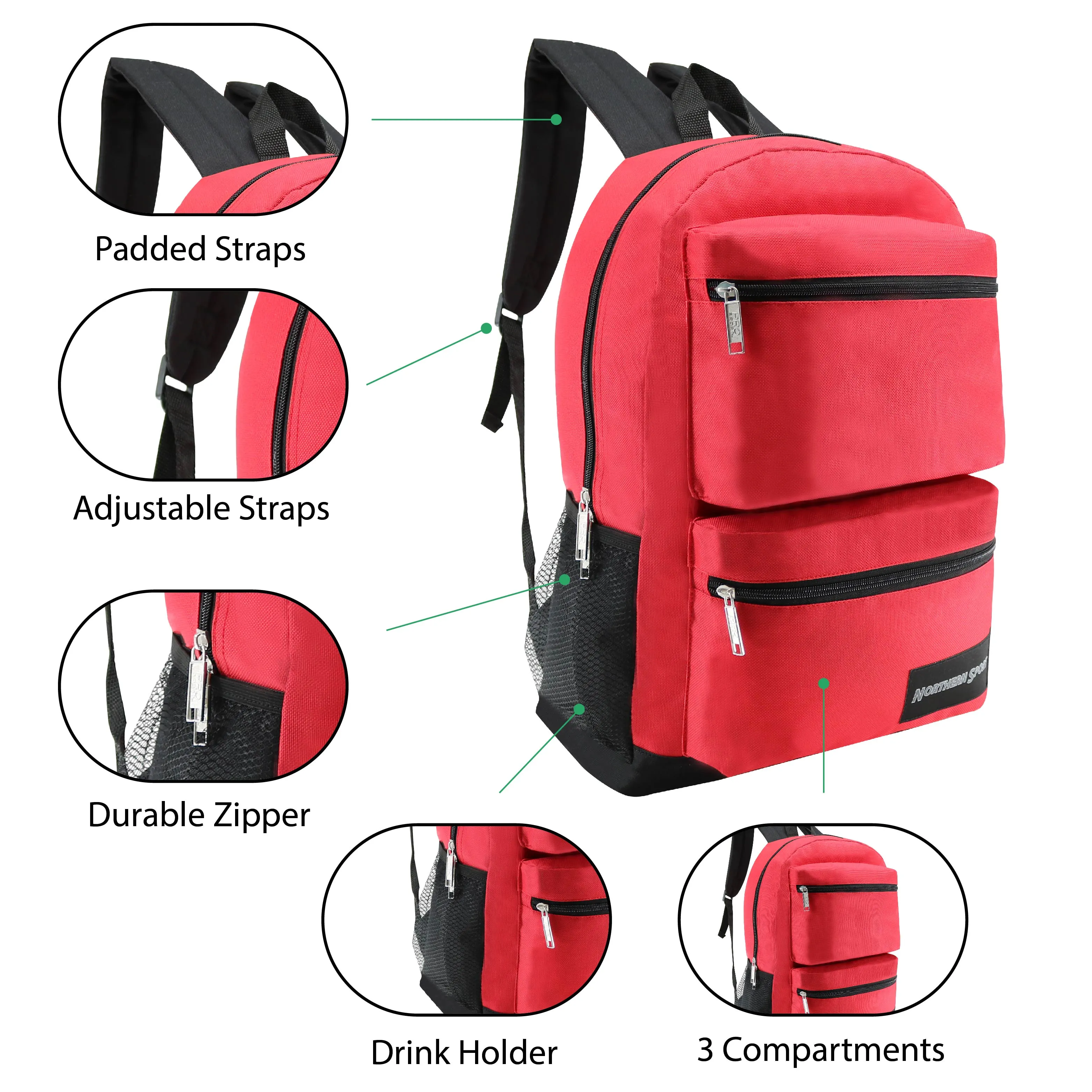 24 Pack of 17" Deluxe and Bungee Wholesale Backpack in Assorted Colors - Bulk Case of 24