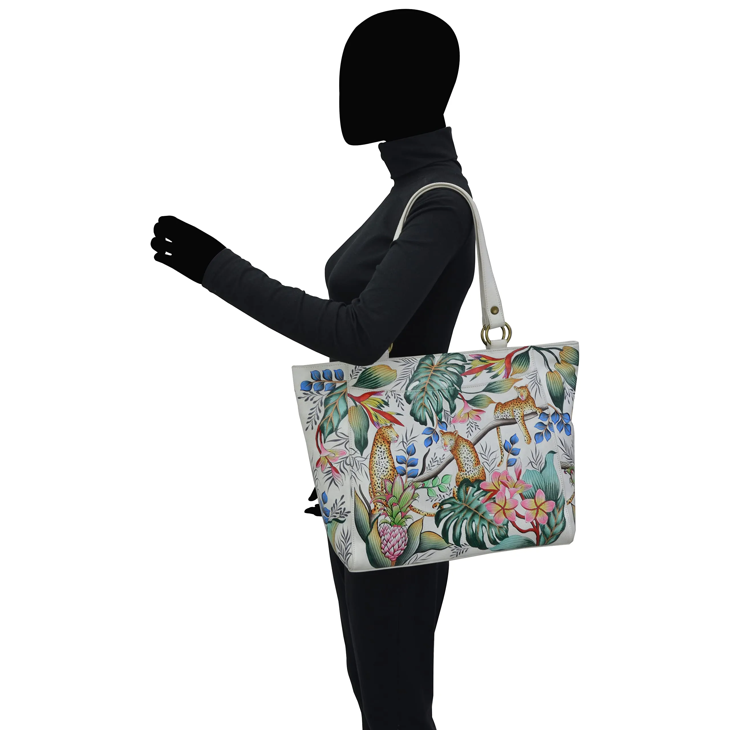 Anuschka Hand Painted Women’s Genuine Leather Classic Work Tote - Jungle Queen Ivory