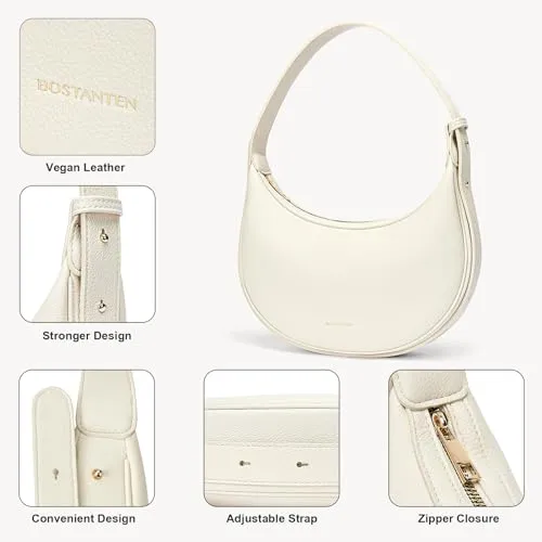 BOSTANTEN Crescent Shoulder Bag for Women Trendy Crossbody Hobo Purse Vegan Leather Clutch Handbag Adjustable Strap, Beige