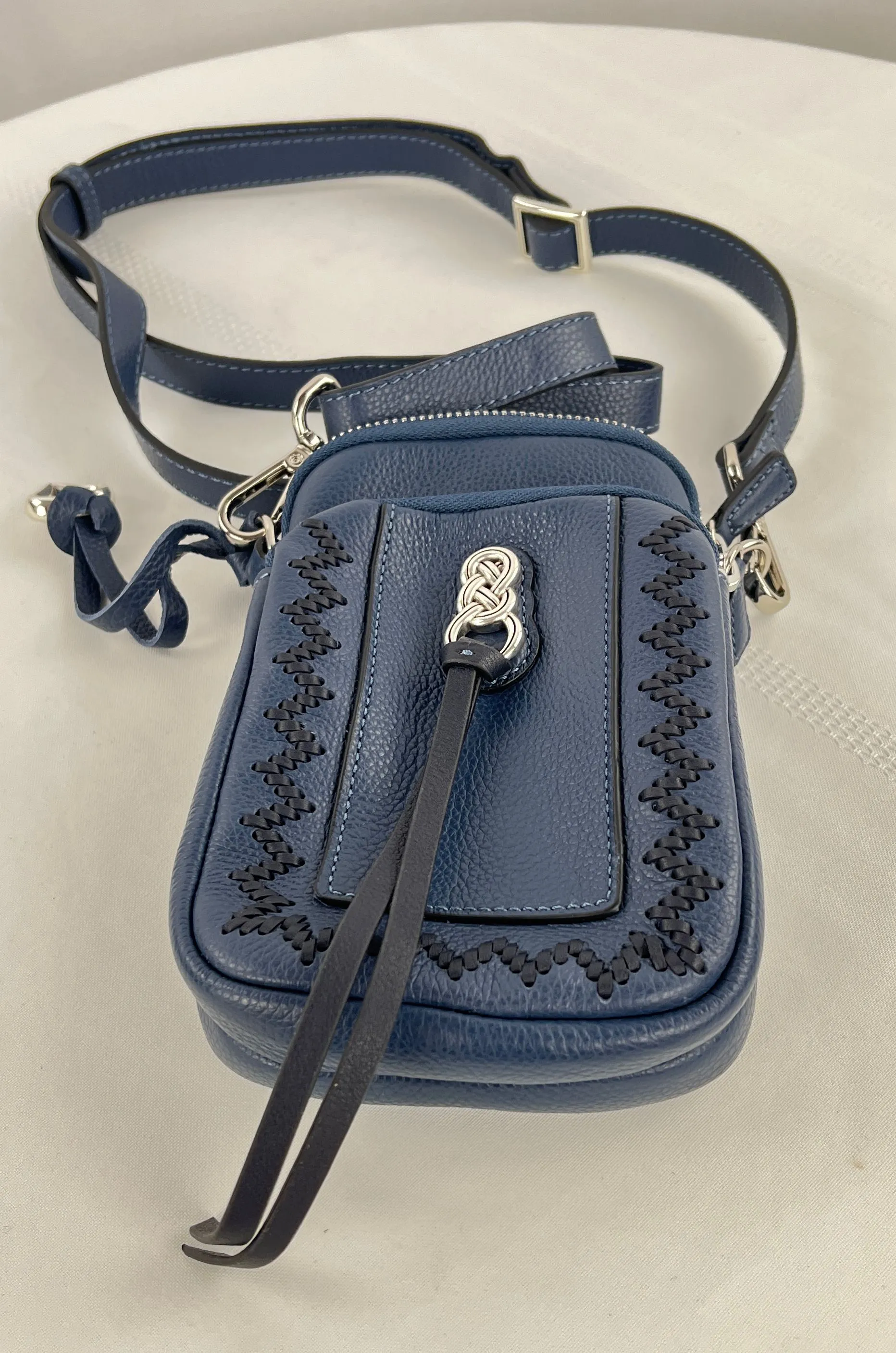 Brighton Women's Navy Hand Laced Leather Crossbody Travel W/Heart Charm Bag NWOT