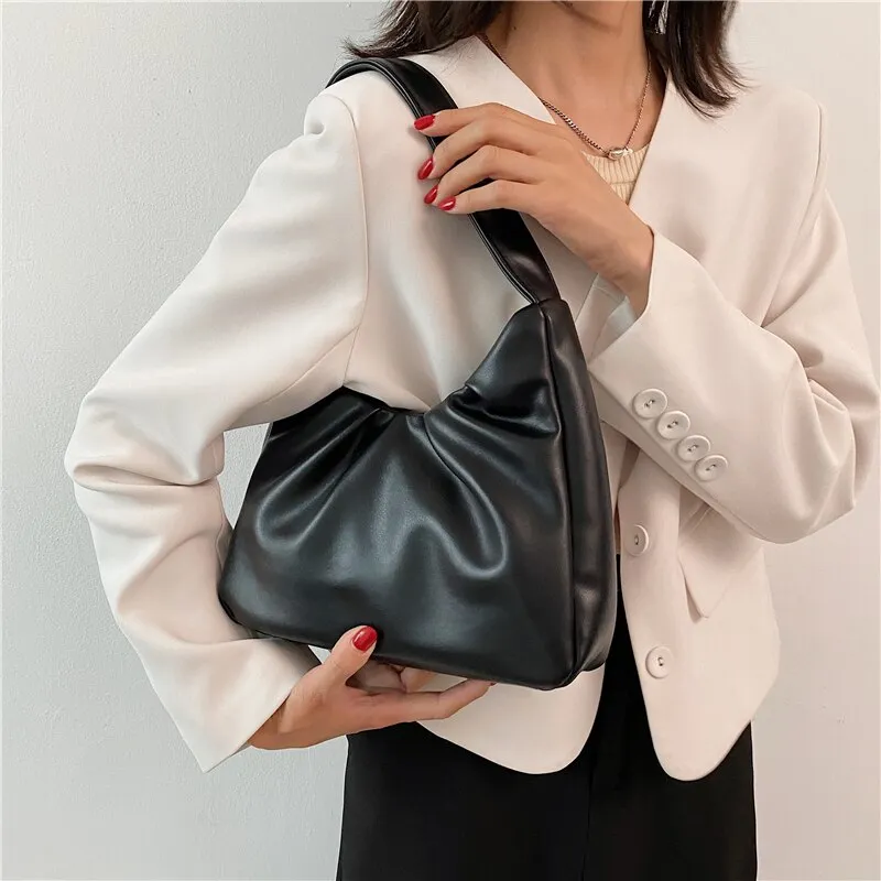 Christmas Gift Cute Solid Color Small Soft PU Leather Baguette Shoulder Bags for Women 2021 Simple Handbags and Purses Female Travel Totes