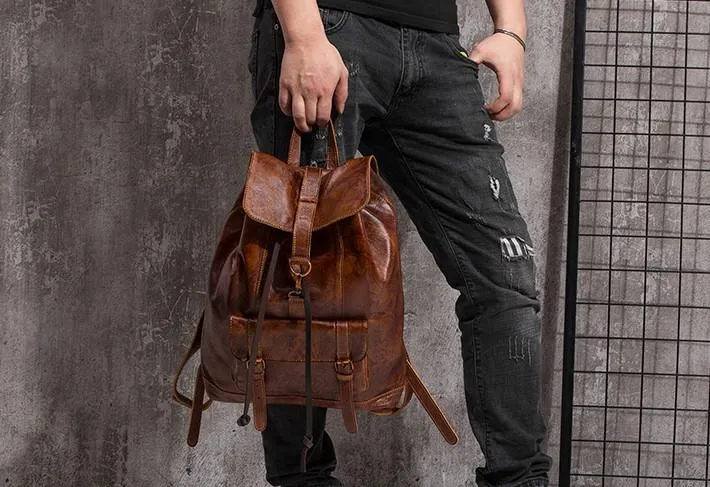 Coffee Cool Mens Leather Backpack Travel Backpacks Leather Hiking Backpack for Men