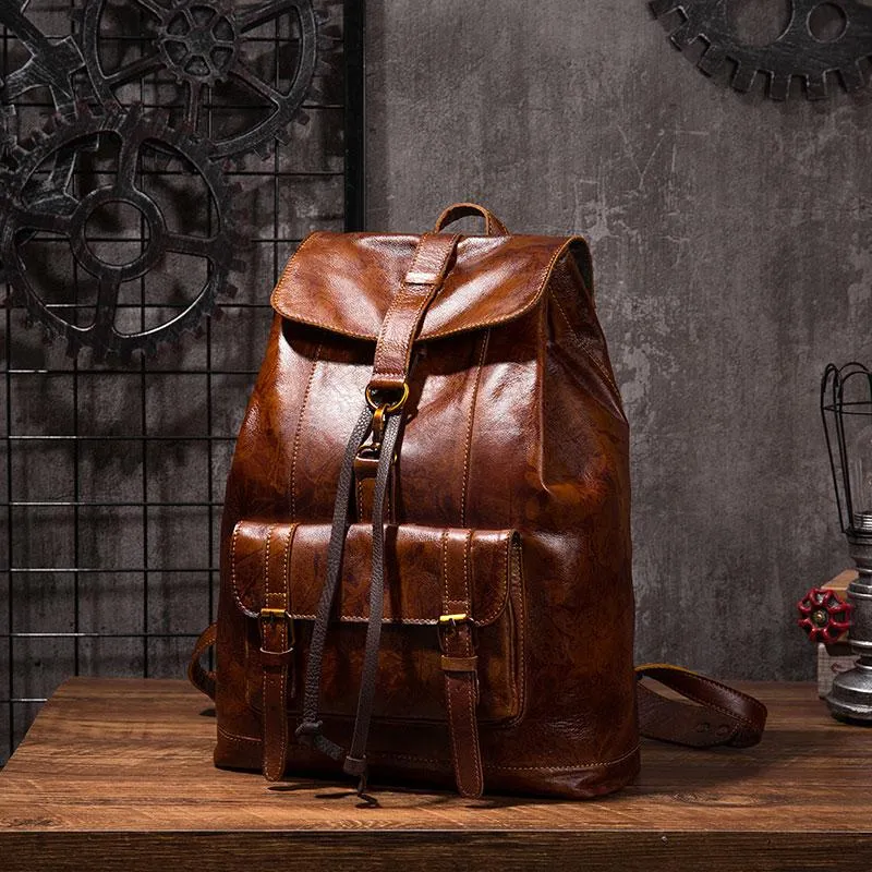 Coffee Cool Mens Leather Backpack Travel Backpacks Leather Hiking Backpack for Men