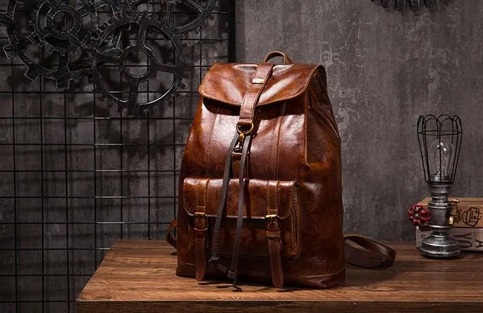 Coffee Cool Mens Leather Backpack Travel Backpacks Leather Hiking Backpack for Men