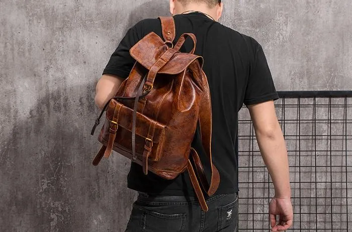 Coffee Cool Mens Leather Backpack Travel Backpacks Leather Hiking Backpack for Men