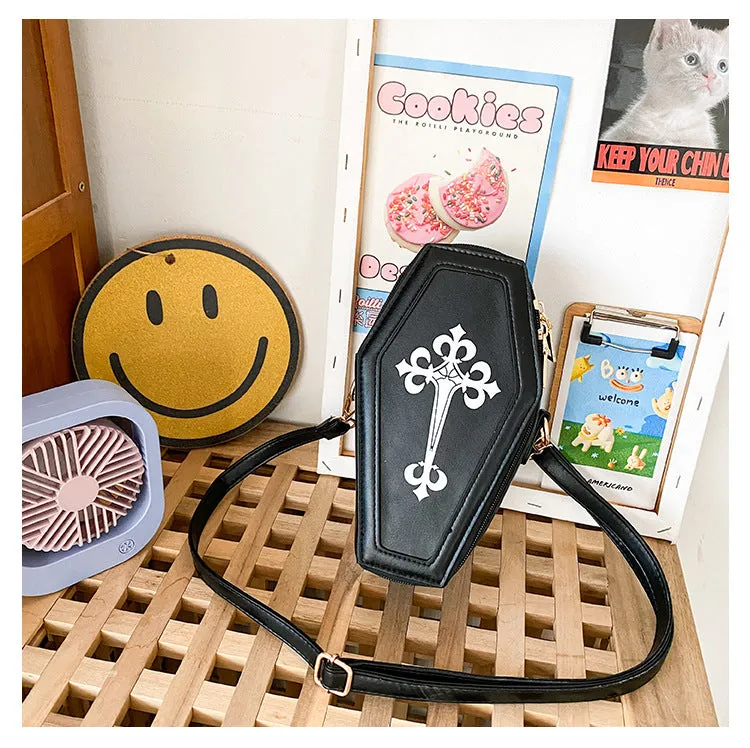 Coffin Shaped Crossbody Bag w/ Decorated White Cross Detail