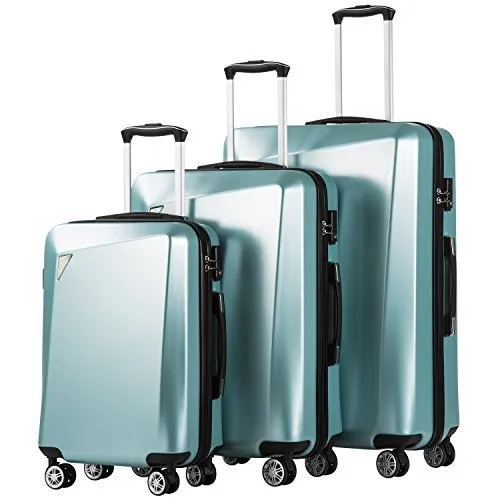 Coolife 3 Piece Luggage Set- PC ABS Spinner - New Ice Blue