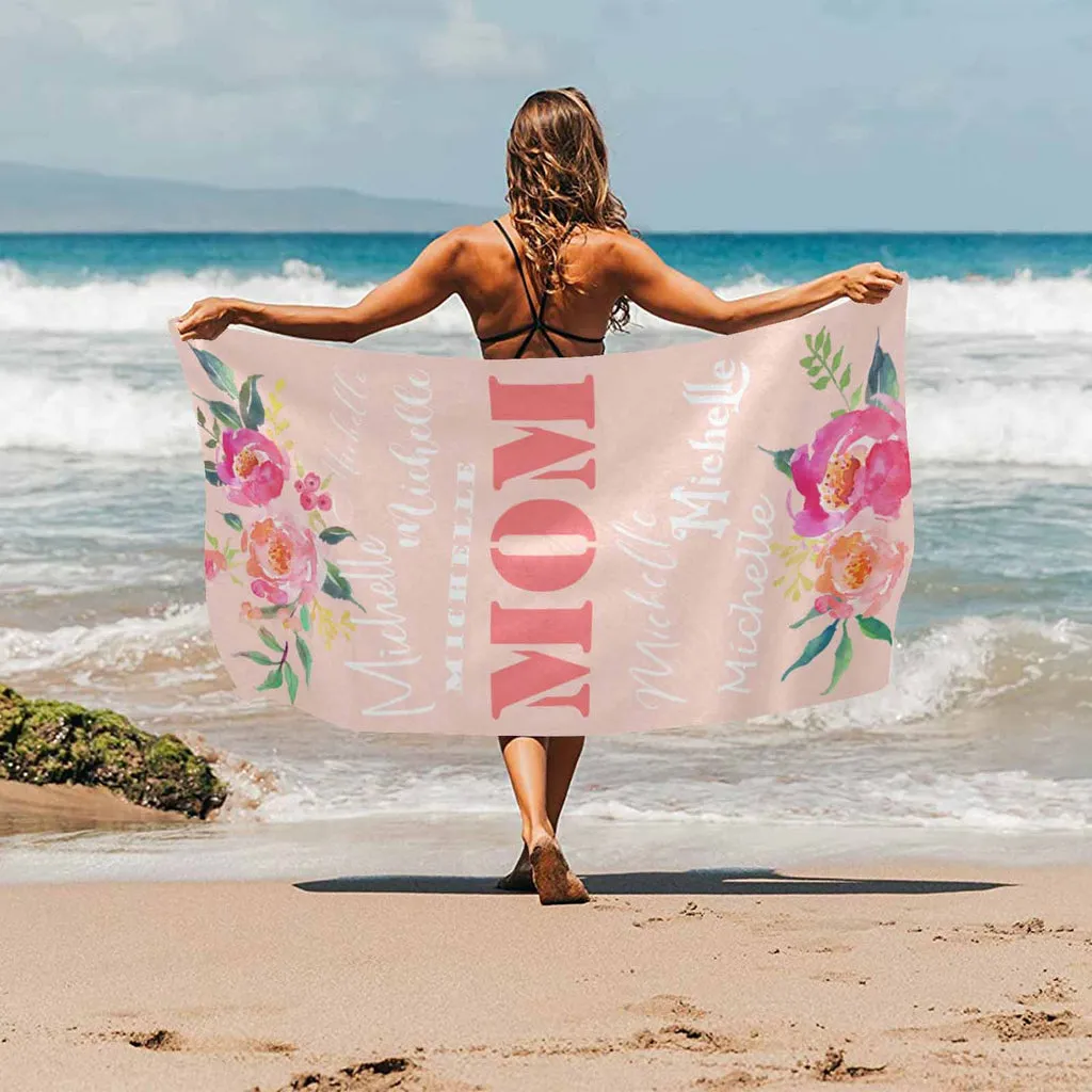 Custom Name Beach Towel Mom And Flower