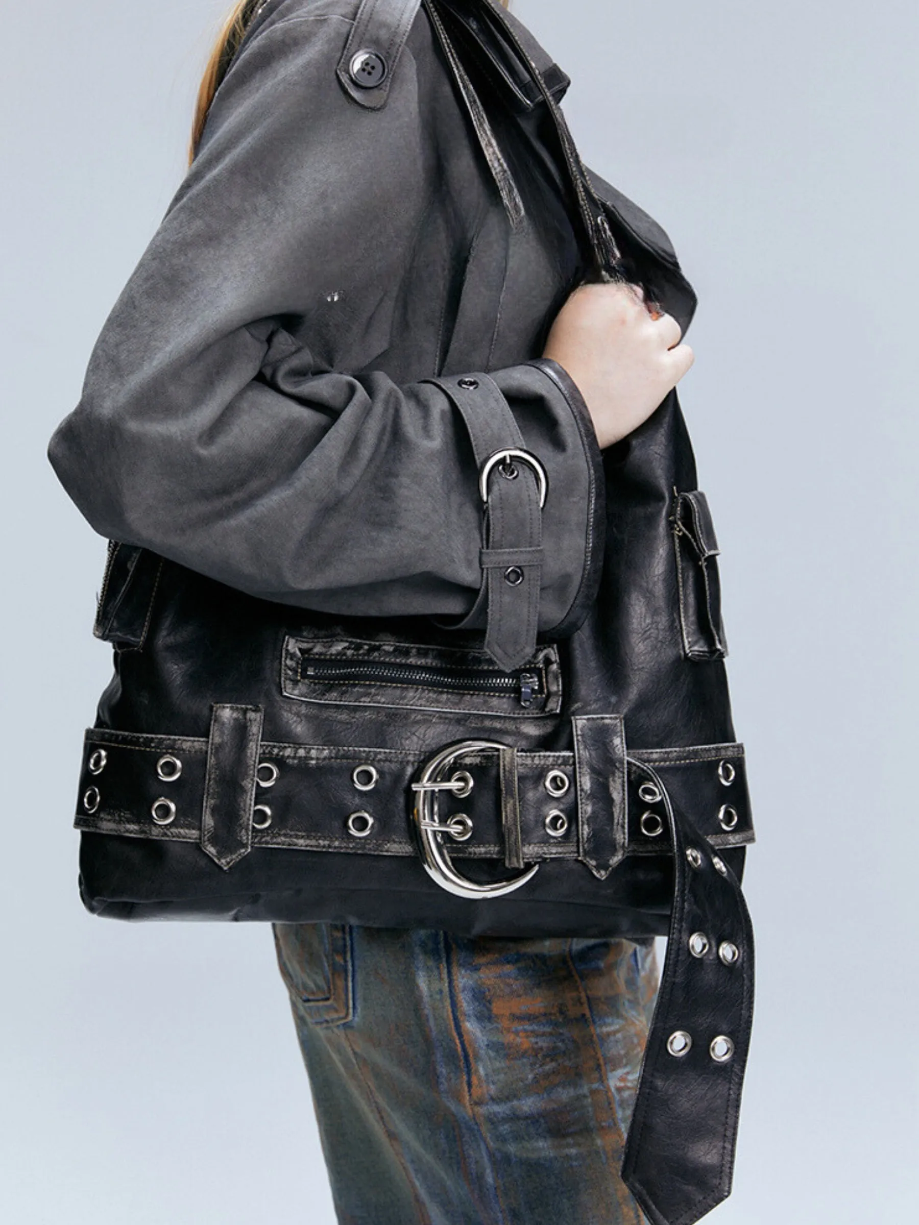 Edgy Retro Buckled Shoulder Bag