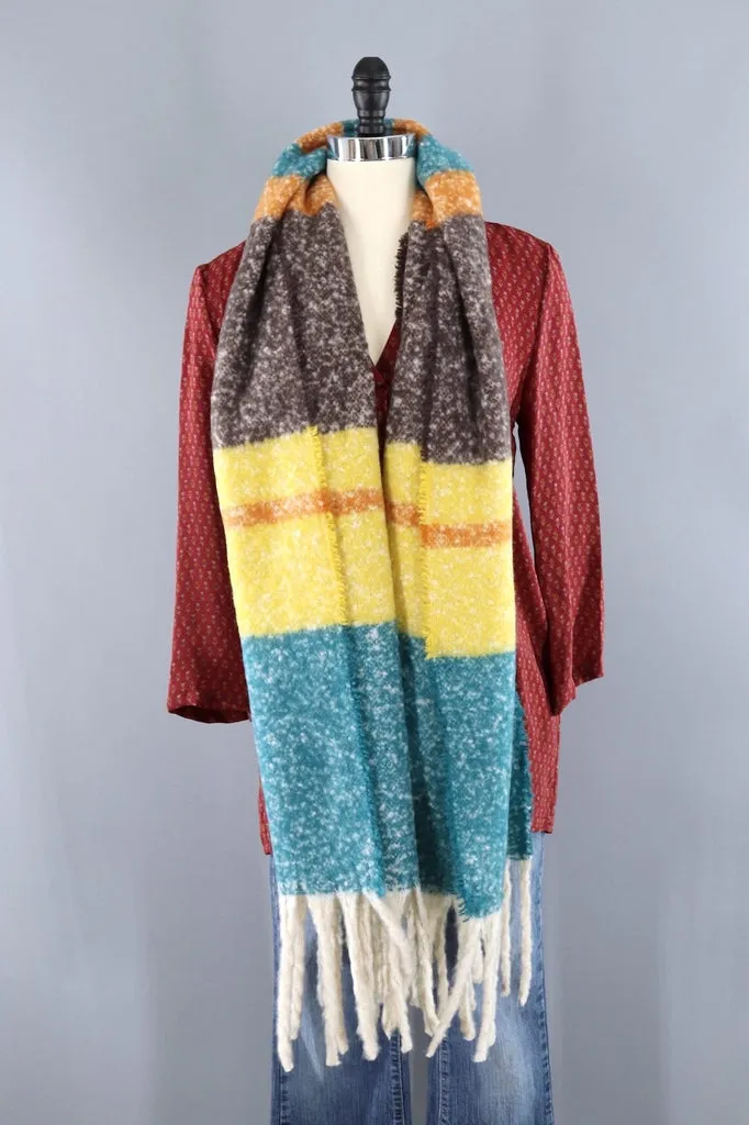 Fuzzy Wrap Shawl / Green & Yellow Stripes