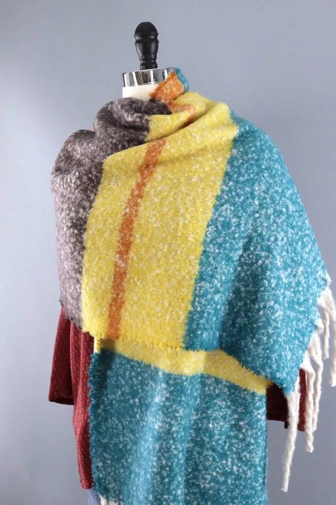 Fuzzy Wrap Shawl / Green & Yellow Stripes