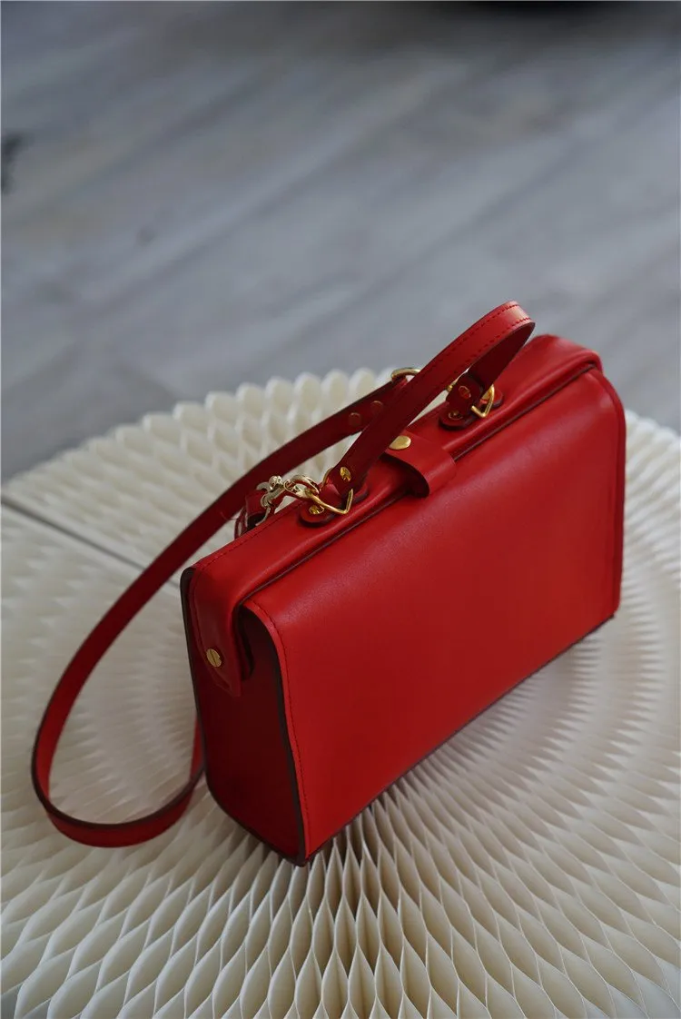 Handmade Womens Stylish Red Leather Doctor Handbag Side Purses Doctor Purses for Women