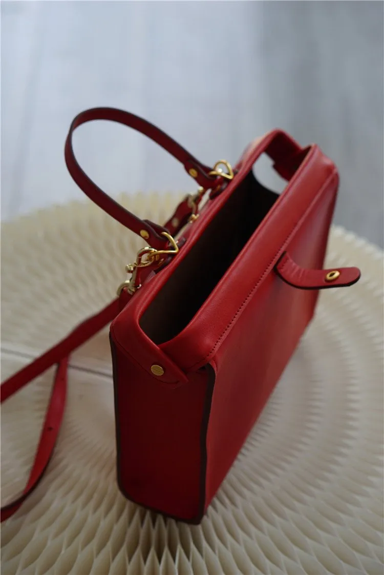 Handmade Womens Stylish Red Leather Doctor Handbag Side Purses Doctor Purses for Women