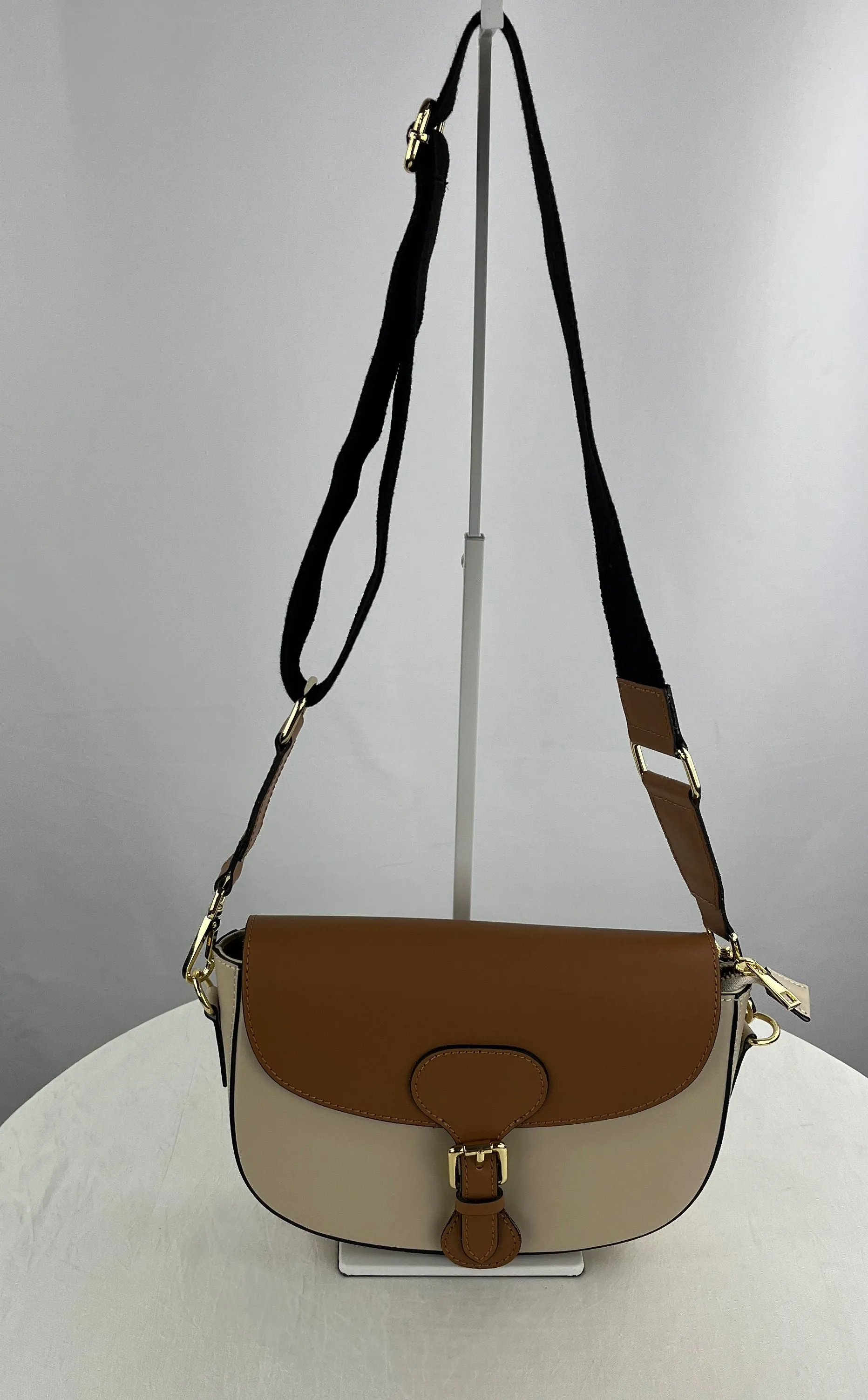 Isadora Women's Italian Leather Tan/Cream Crossbody Bag Purse NWOT