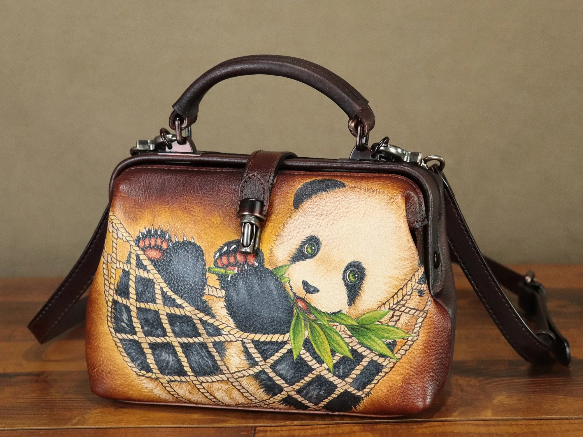 Leather Crossbody Satchel Purse Retro Hand Painted Handbag