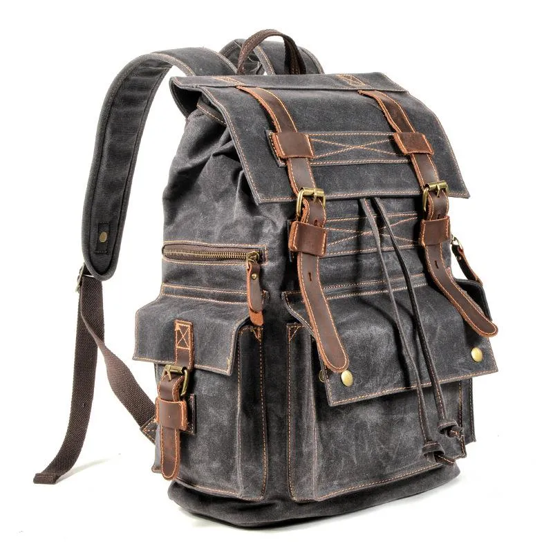 Men's Vintage Beeswax Canvas Outdoor Leather Multi-Pocket Backpack 92970713Y