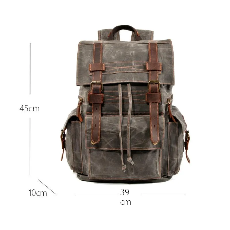 Men's Vintage Beeswax Canvas Outdoor Leather Multi-Pocket Backpack 92970713Y