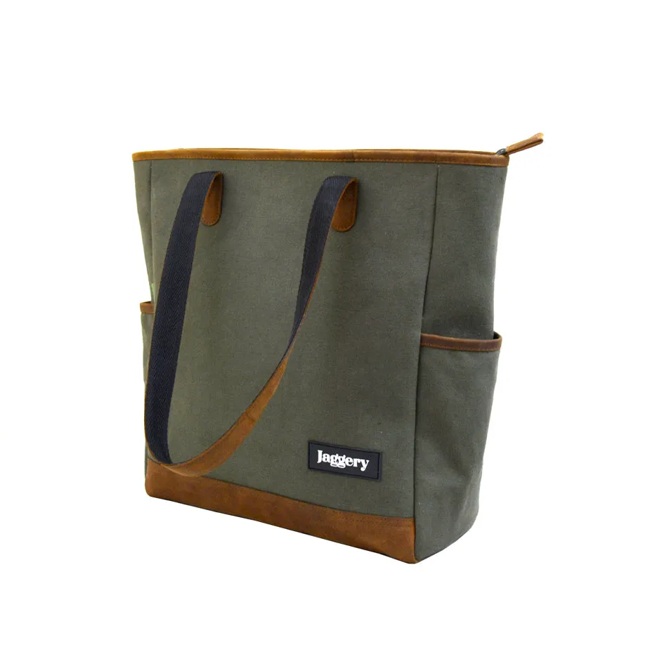 Outback and Beyond Marlini Tote Bag in Rescued Army Olive Green Canvas & Salvaged Nubuck