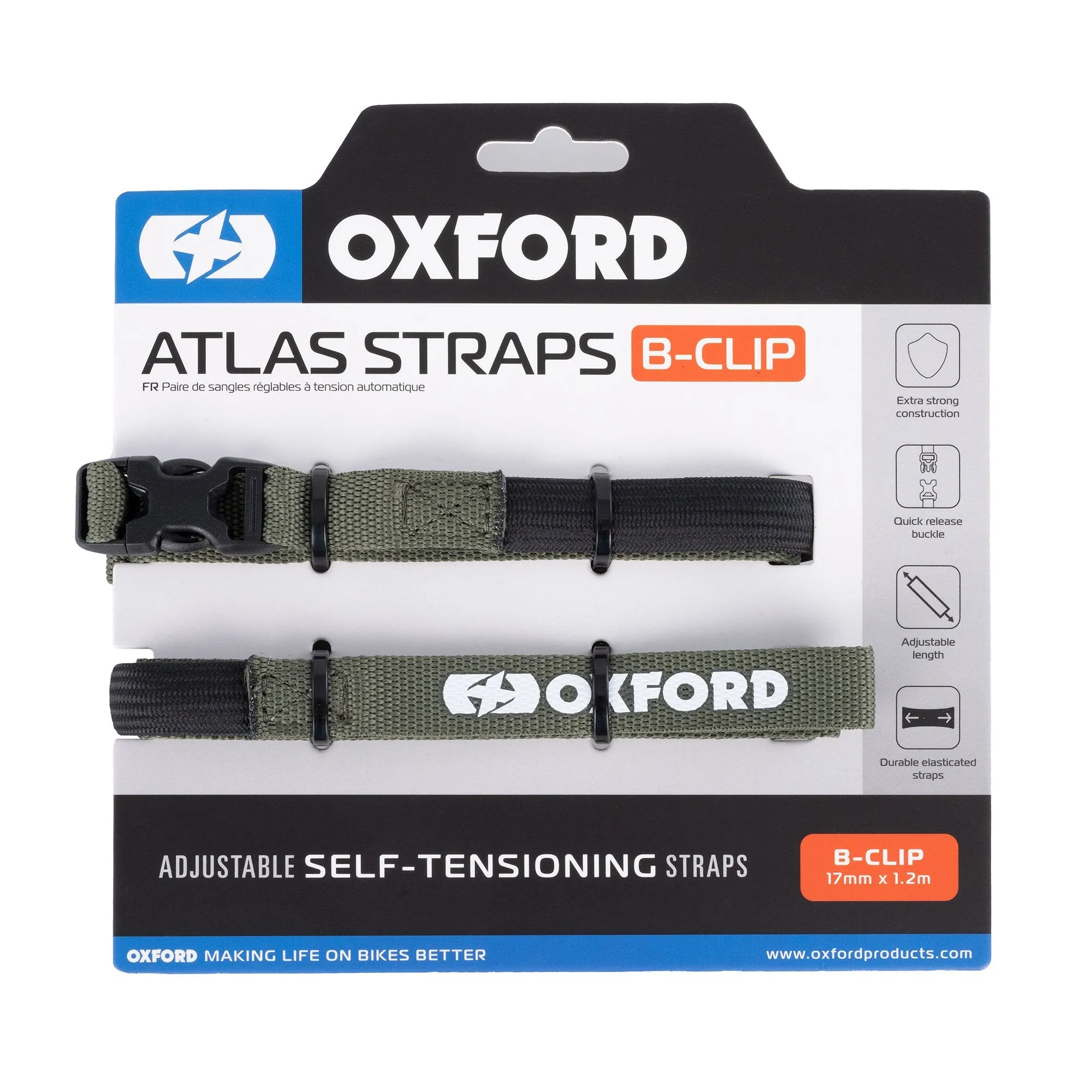 Oxford Atlas B-Clip Adjustable Self Tensioning Tie Down Straps (Pair)