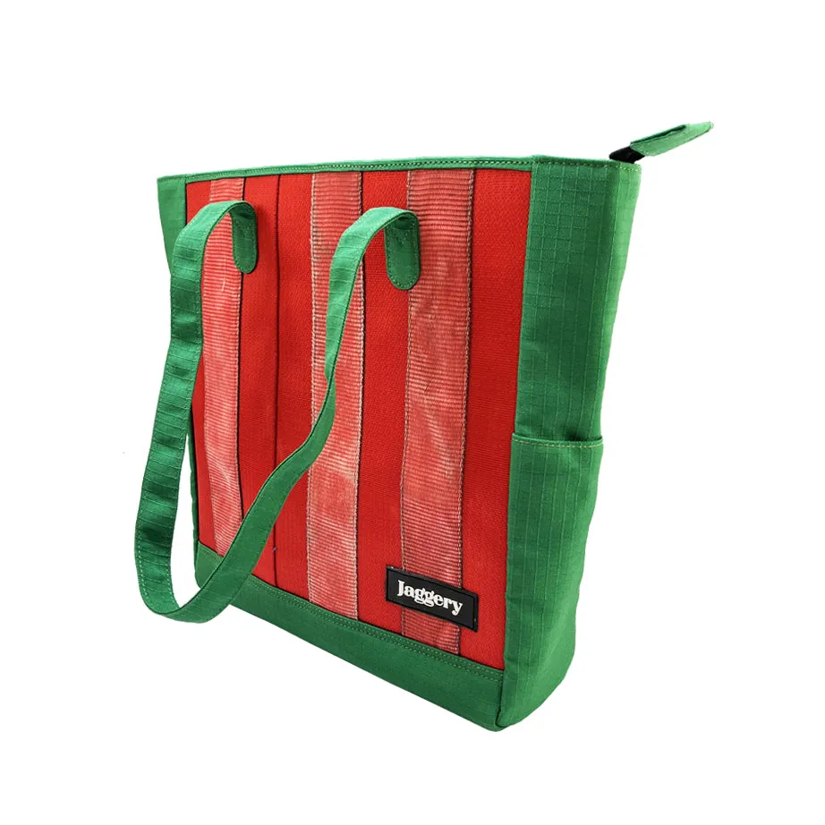 Portuguese Christmas Marlini Tote Bag in Red and Green Decommissioned Cargo Belts