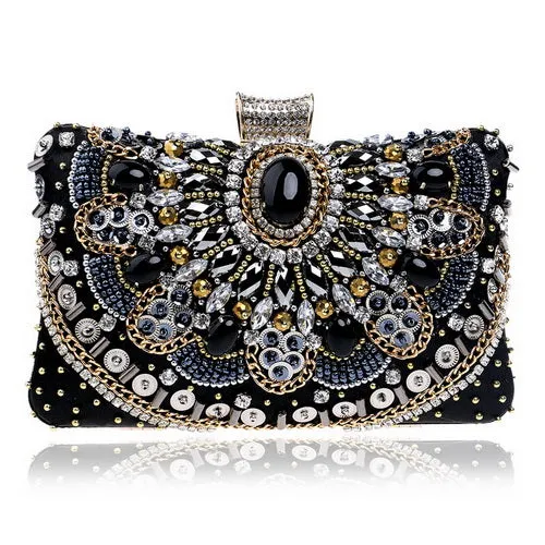 SEKUSA Crystal Evening Retro Beaded Clutch Wedding Diamond Beaded Rhinestone Small Shoulder Women's Bags