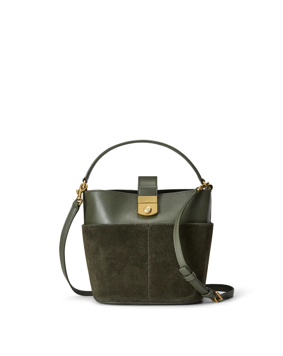 Small Crest Lock Suede Bucket Bag