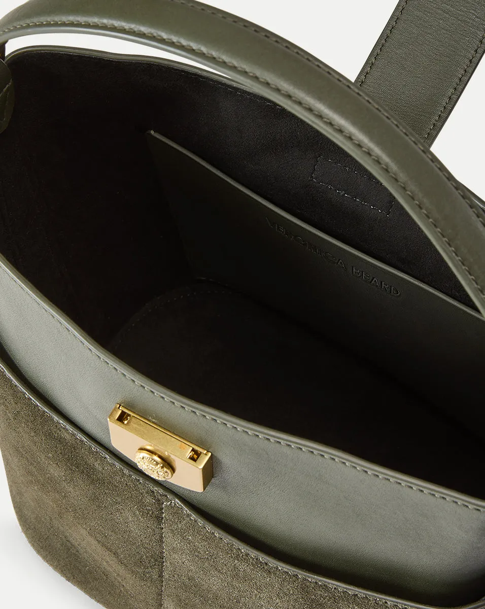 Small Crest Lock Suede Bucket Bag