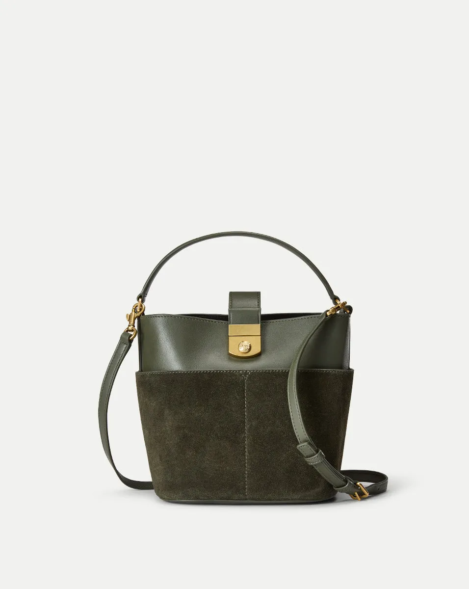 Small Crest Lock Suede Bucket Bag