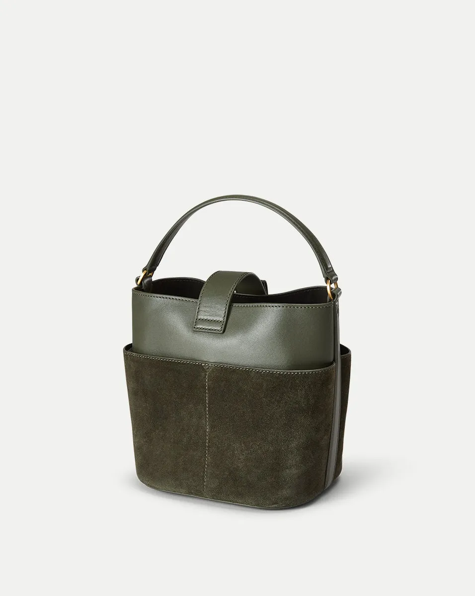 Small Crest Lock Suede Bucket Bag