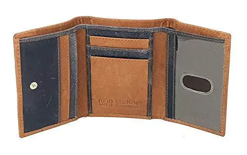 STARHIDE Mens RFID Blocking Trifold Distressed Hunter Leather and Canvas Wallet Credit Card Holder 805 Blue Brown