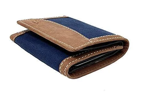 STARHIDE Mens RFID Blocking Trifold Distressed Hunter Leather and Canvas Wallet Credit Card Holder 805 Blue Brown