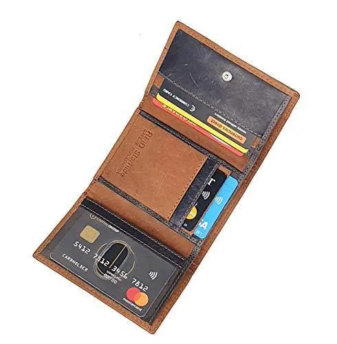 STARHIDE Mens RFID Blocking Trifold Distressed Hunter Leather and Canvas Wallet Credit Card Holder 805 Blue Brown