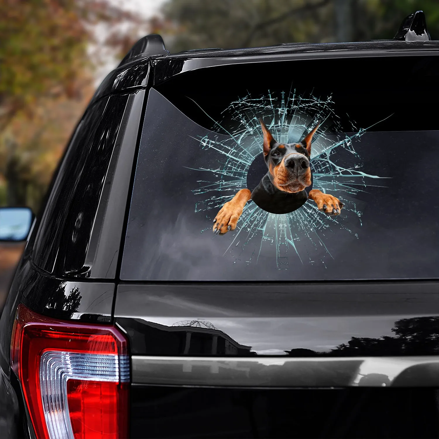 Teesdily | Dobermann Funny Face Printed Decal Dog Inside Crack Hole Effect Car Sticker Dog Owner Car Decor