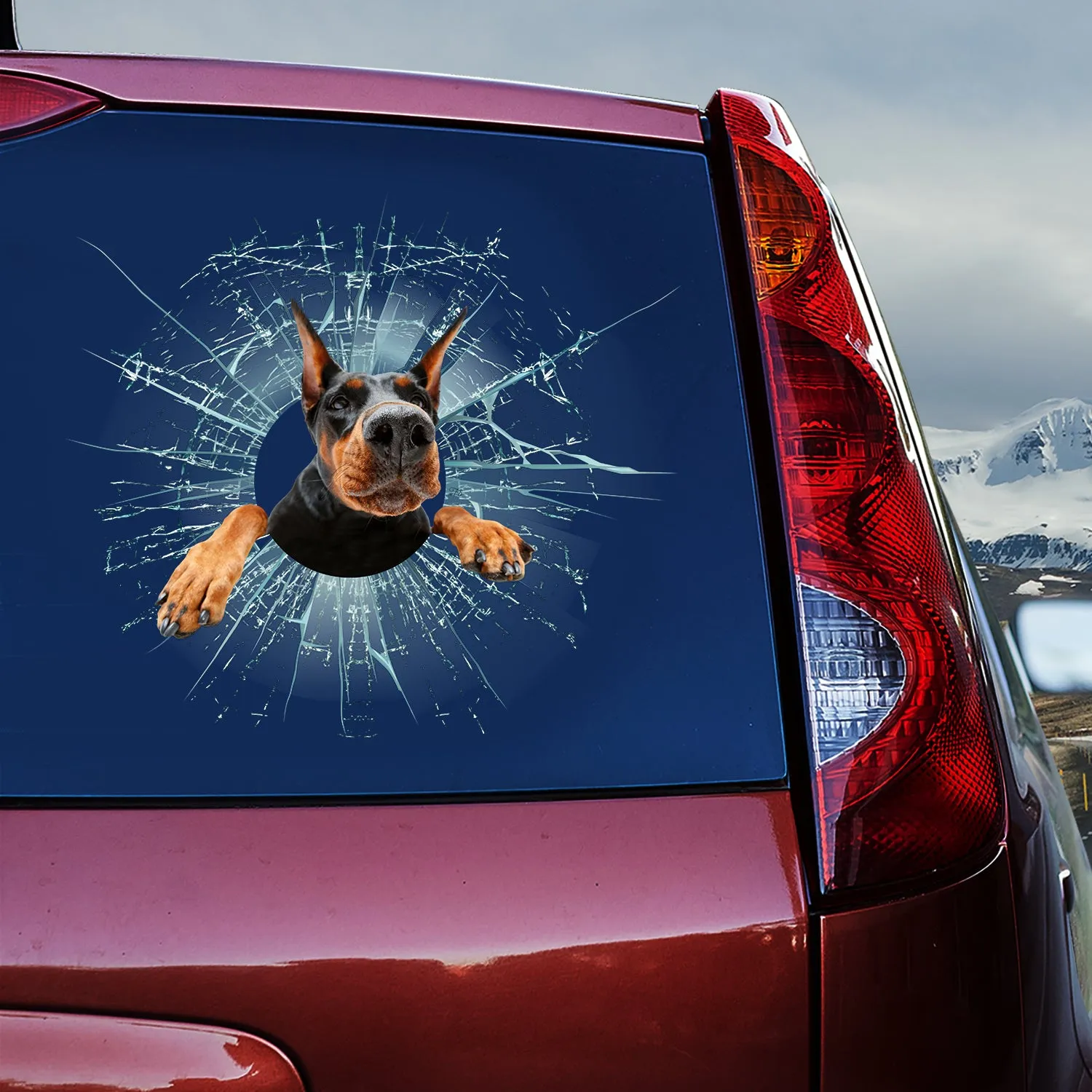 Teesdily | Dobermann Funny Face Printed Decal Dog Inside Crack Hole Effect Car Sticker Dog Owner Car Decor