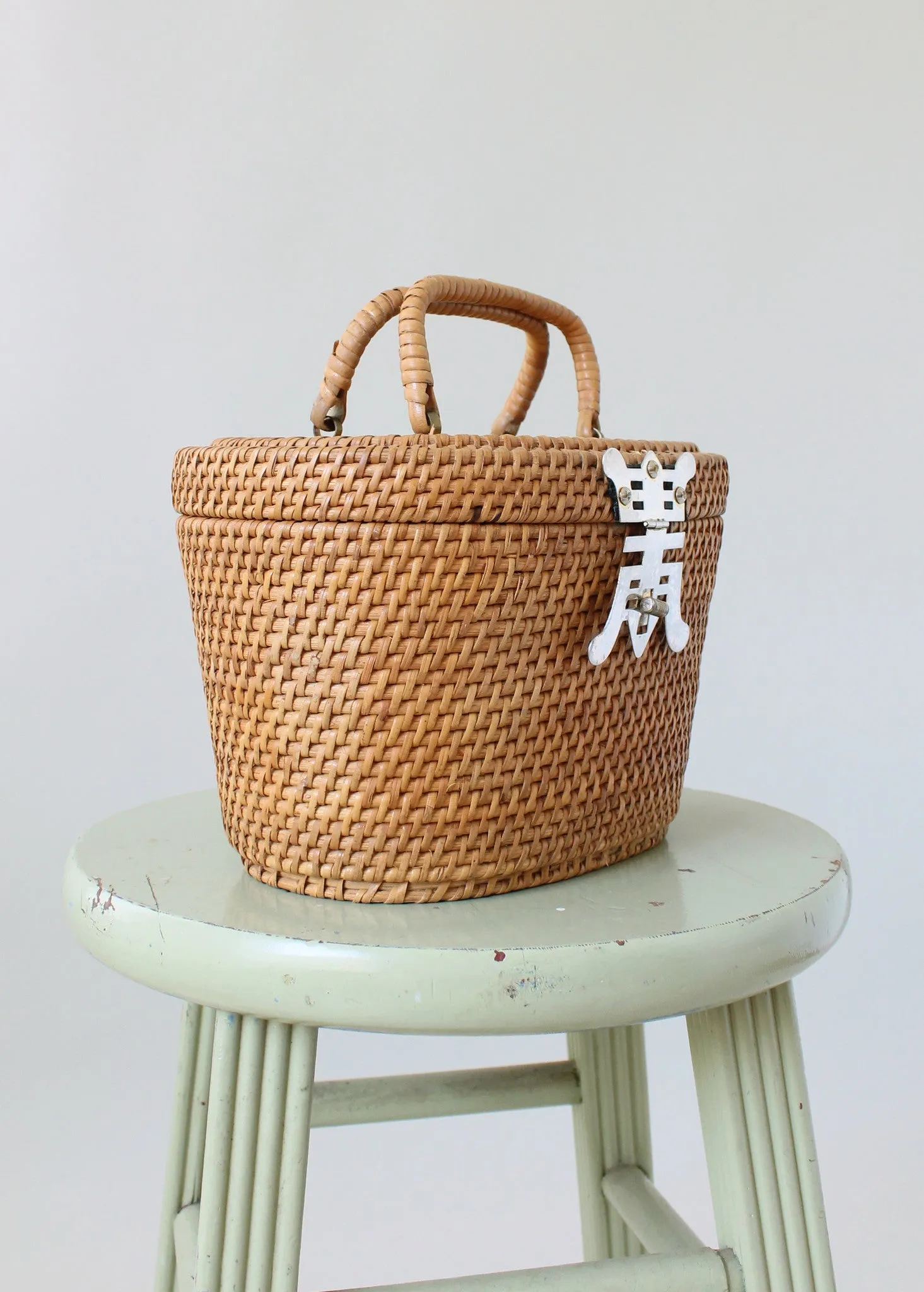 Vintage 1960s Wicker Basket Purse with Asian Style Accents