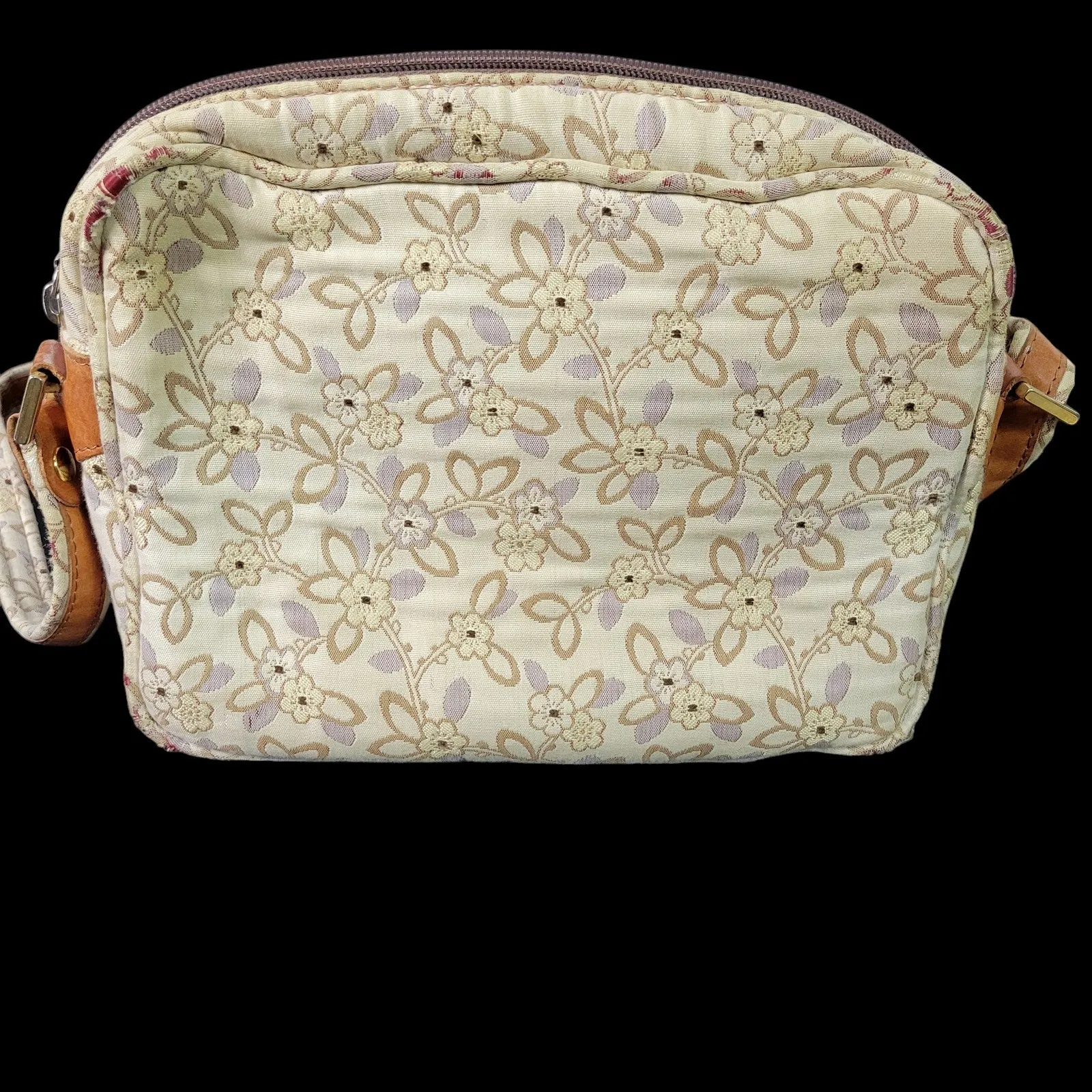 Vintage Daniel Tapestries Bag Set Beige Tapestry Leather Trim Padded Pouch Case Crossbody Floral Print Country 70s 80s