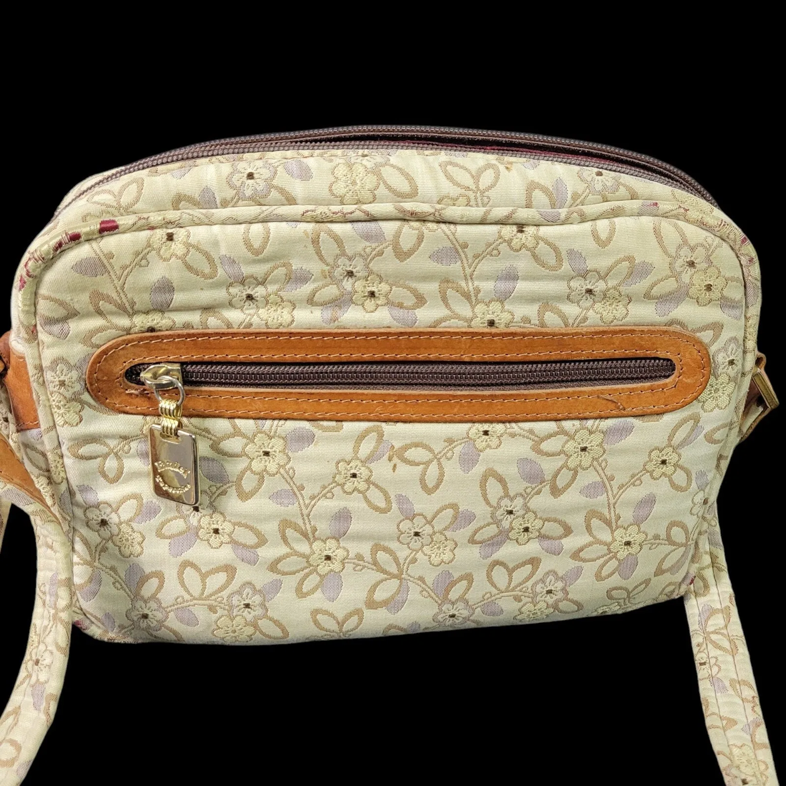 Vintage Daniel Tapestries Bag Set Beige Tapestry Leather Trim Padded Pouch Case Crossbody Floral Print Country 70s 80s