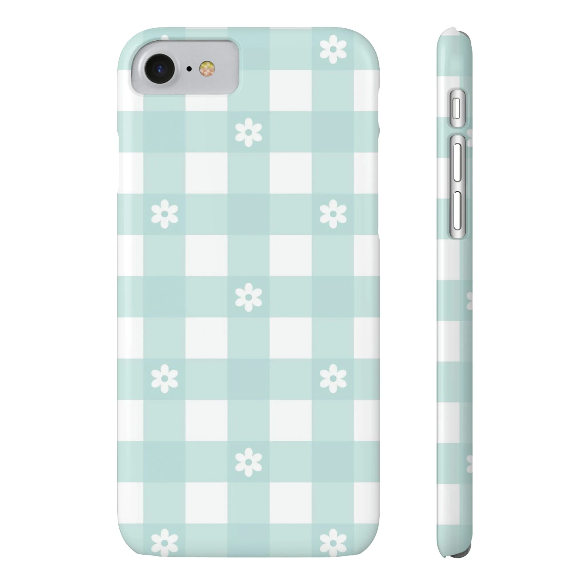 White Daisies and Blue Gingham Design Sleek Elegance Wireless-Charging Compatible Phone Case Slim Phone Case compatible with over 20 iphone models