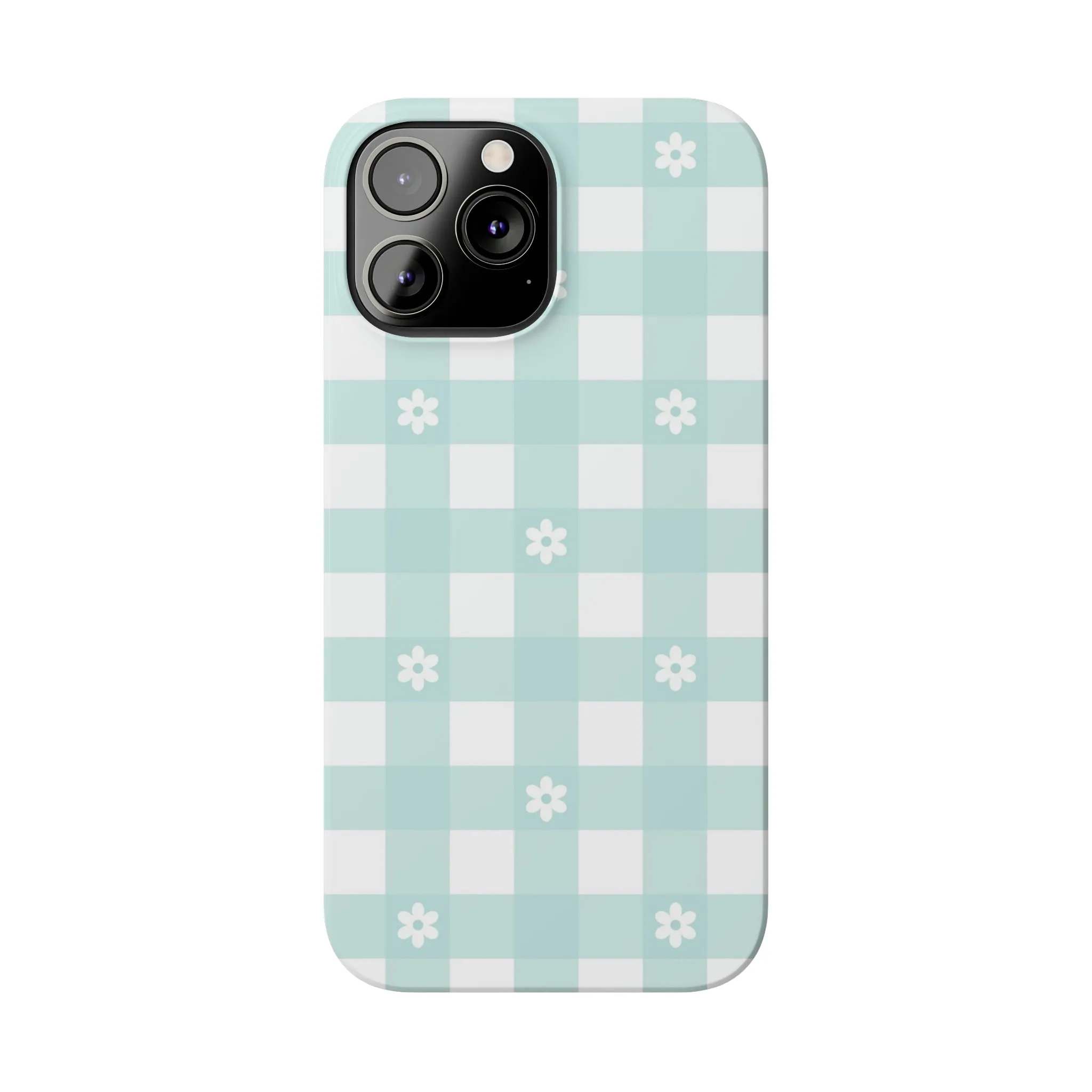 White Daisies and Blue Gingham Design Sleek Elegance Wireless-Charging Compatible Phone Case Slim Phone Case compatible with over 20 iphone models