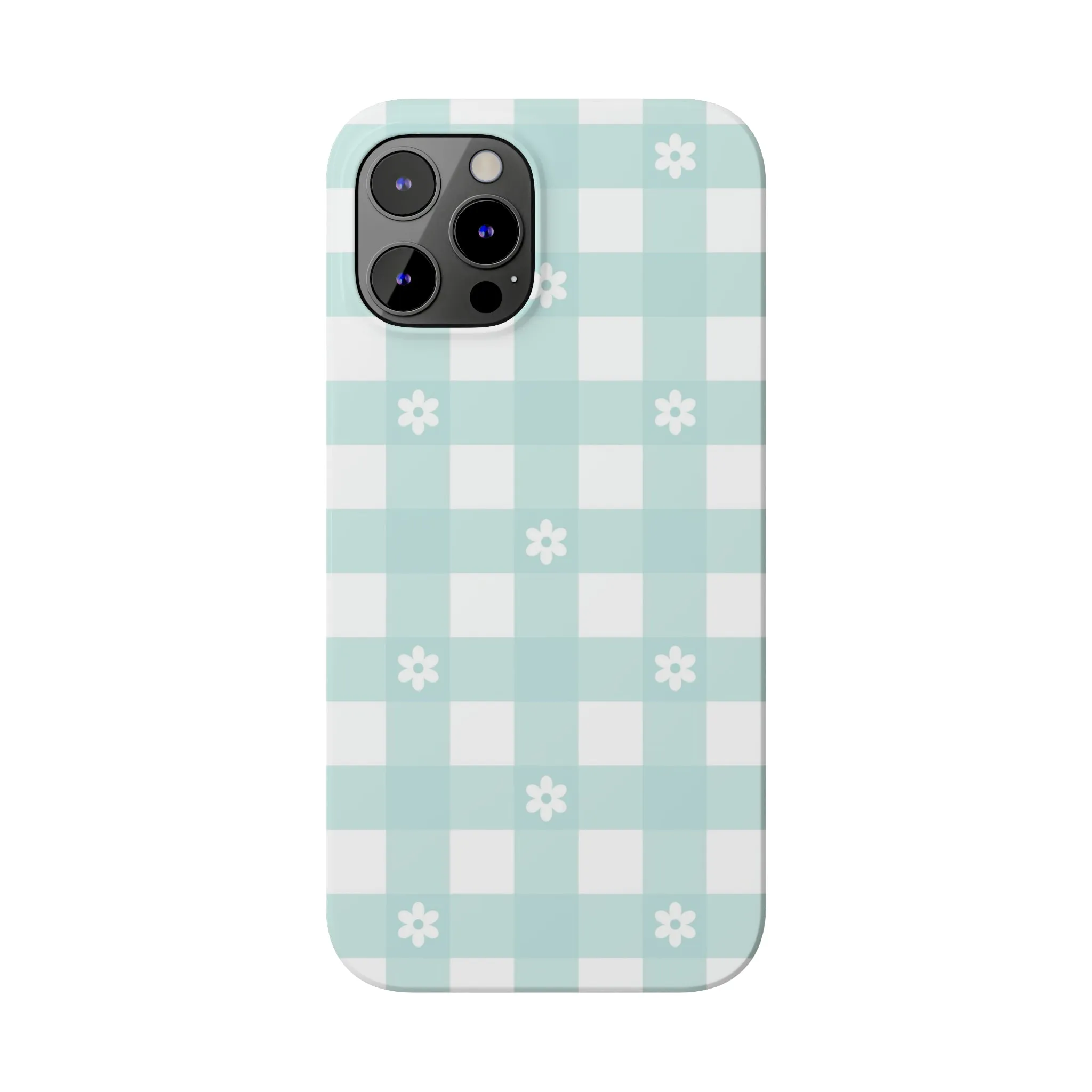 White Daisies and Blue Gingham Design Sleek Elegance Wireless-Charging Compatible Phone Case Slim Phone Case compatible with over 20 iphone models