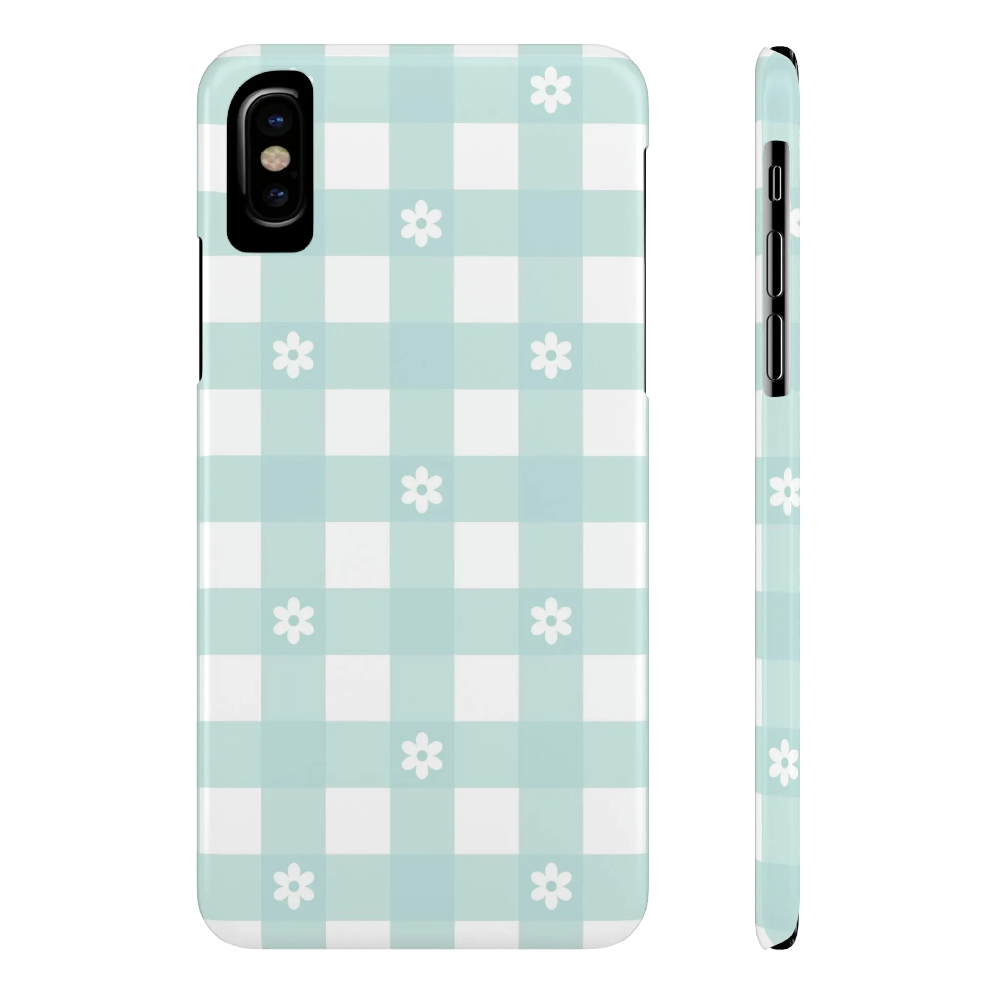 White Daisies and Blue Gingham Design Sleek Elegance Wireless-Charging Compatible Phone Case Slim Phone Case compatible with over 20 iphone models