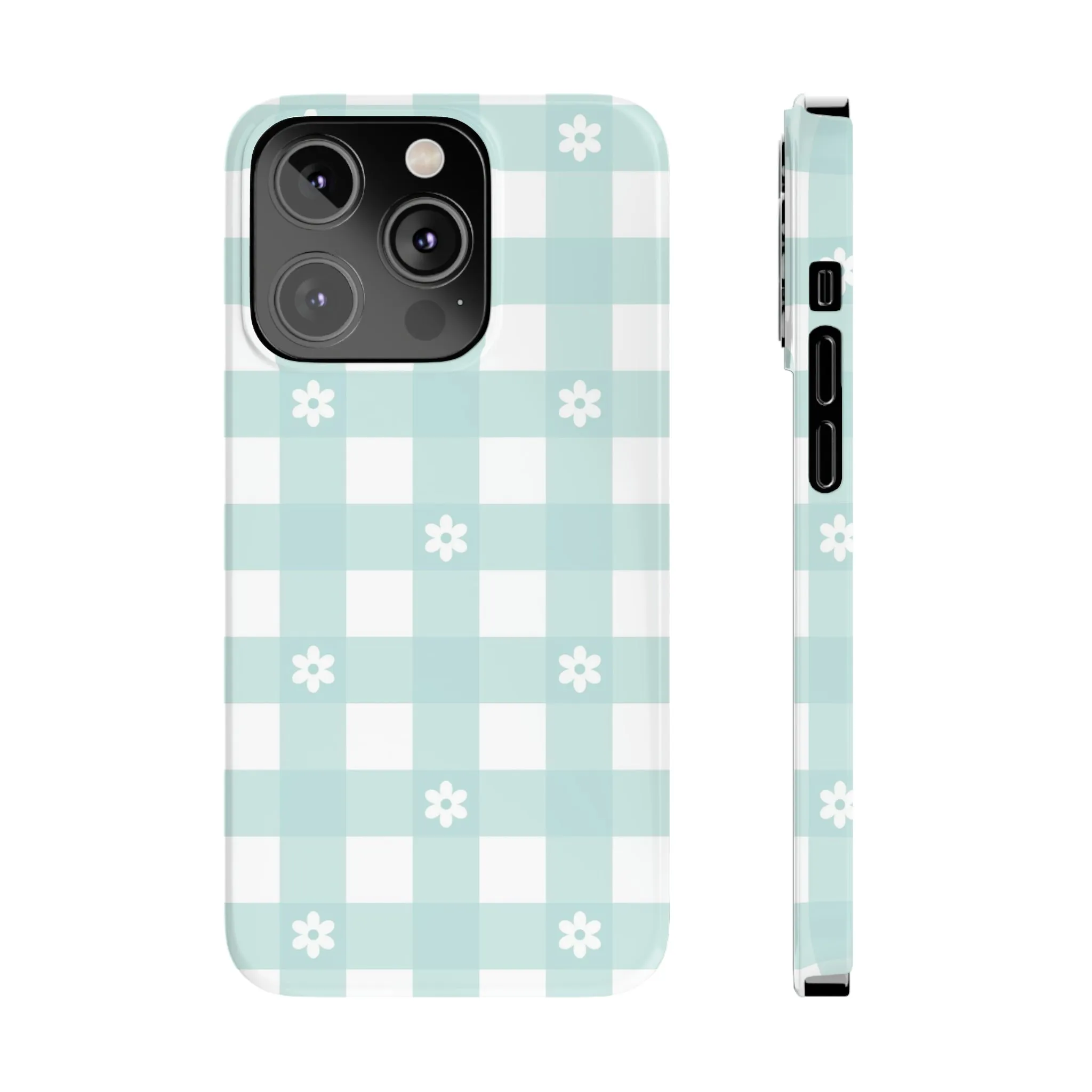 White Daisies and Blue Gingham Design Sleek Elegance Wireless-Charging Compatible Phone Case Slim Phone Case compatible with over 20 iphone models