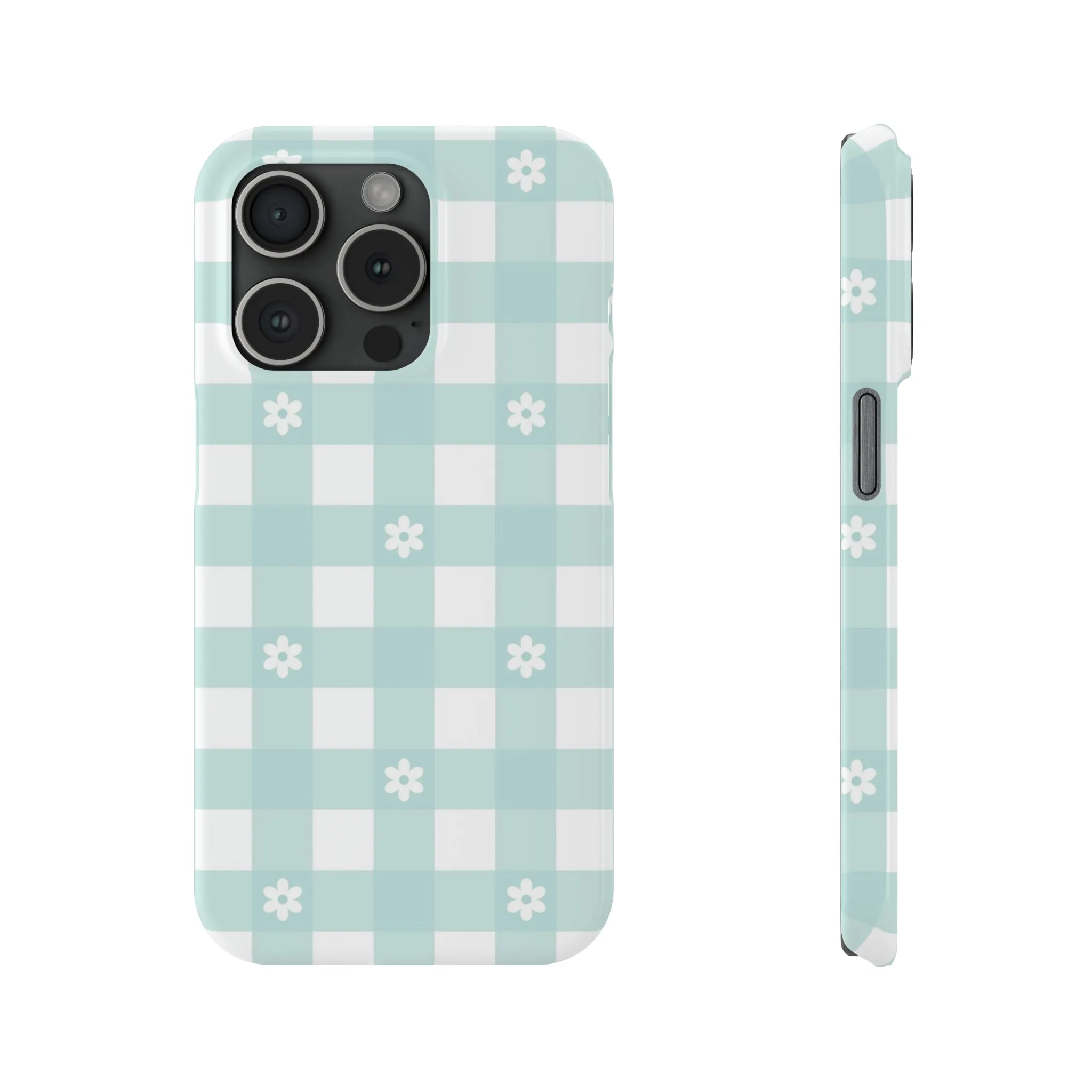 White Daisies and Blue Gingham Design Sleek Elegance Wireless-Charging Compatible Phone Case Slim Phone Case compatible with over 20 iphone models