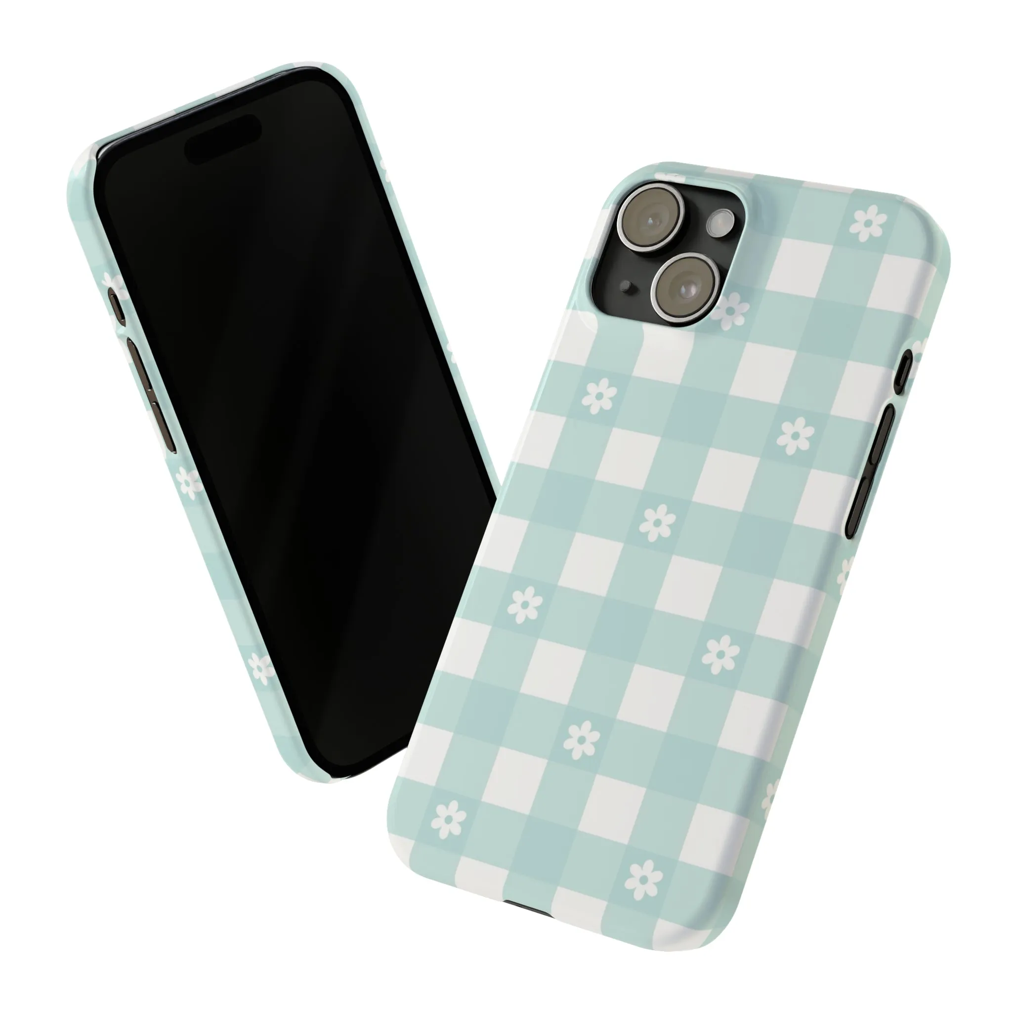 White Daisies and Blue Gingham Design Sleek Elegance Wireless-Charging Compatible Phone Case Slim Phone Case compatible with over 20 iphone models