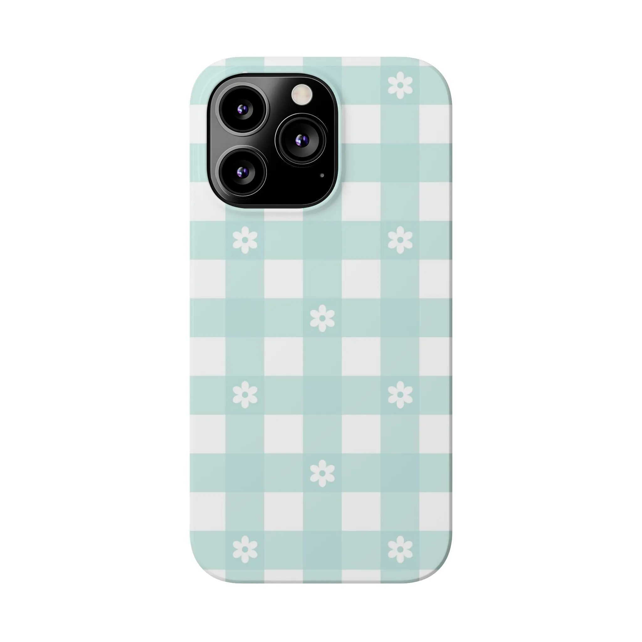 White Daisies and Blue Gingham Design Sleek Elegance Wireless-Charging Compatible Phone Case Slim Phone Case compatible with over 20 iphone models