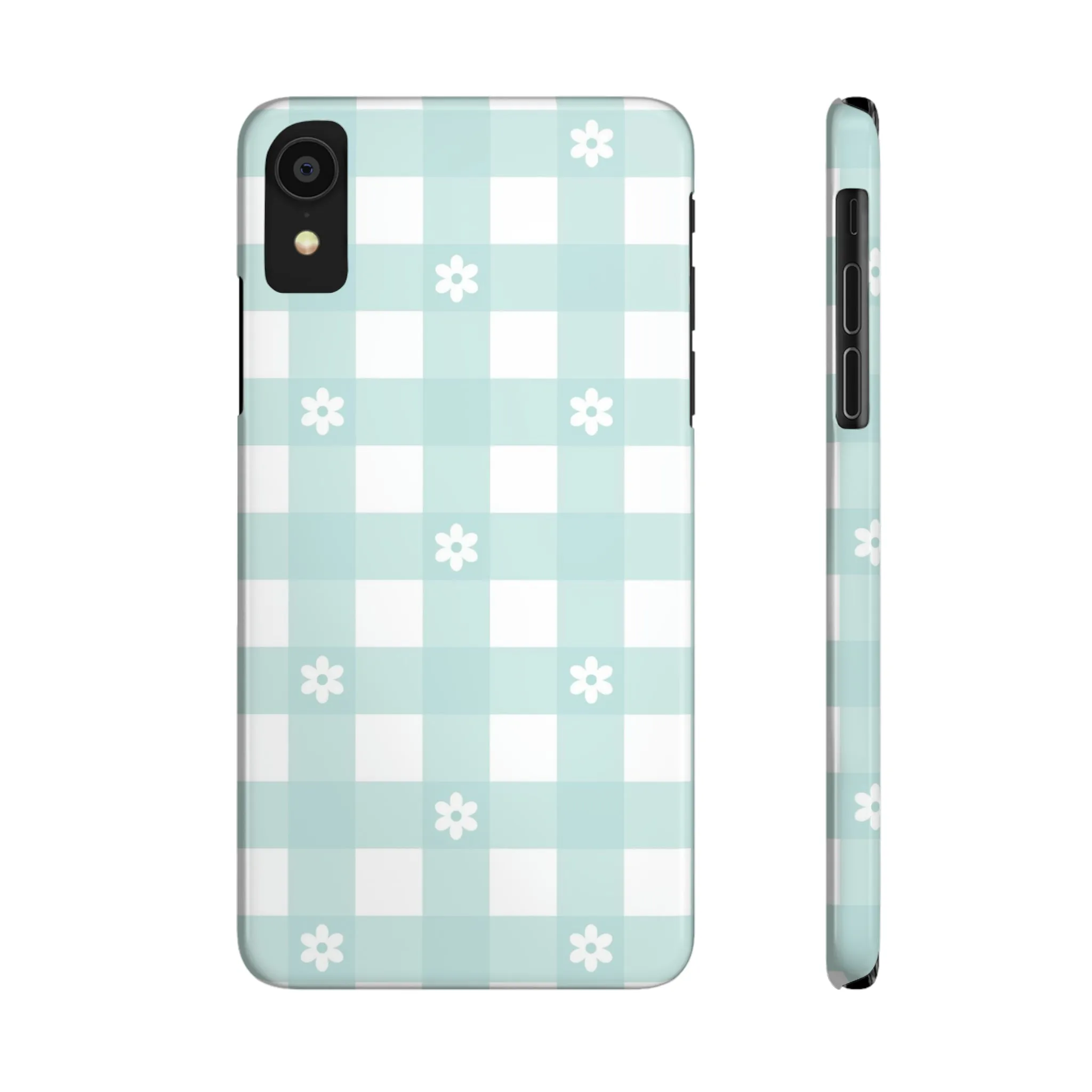 White Daisies and Blue Gingham Design Sleek Elegance Wireless-Charging Compatible Phone Case Slim Phone Case compatible with over 20 iphone models