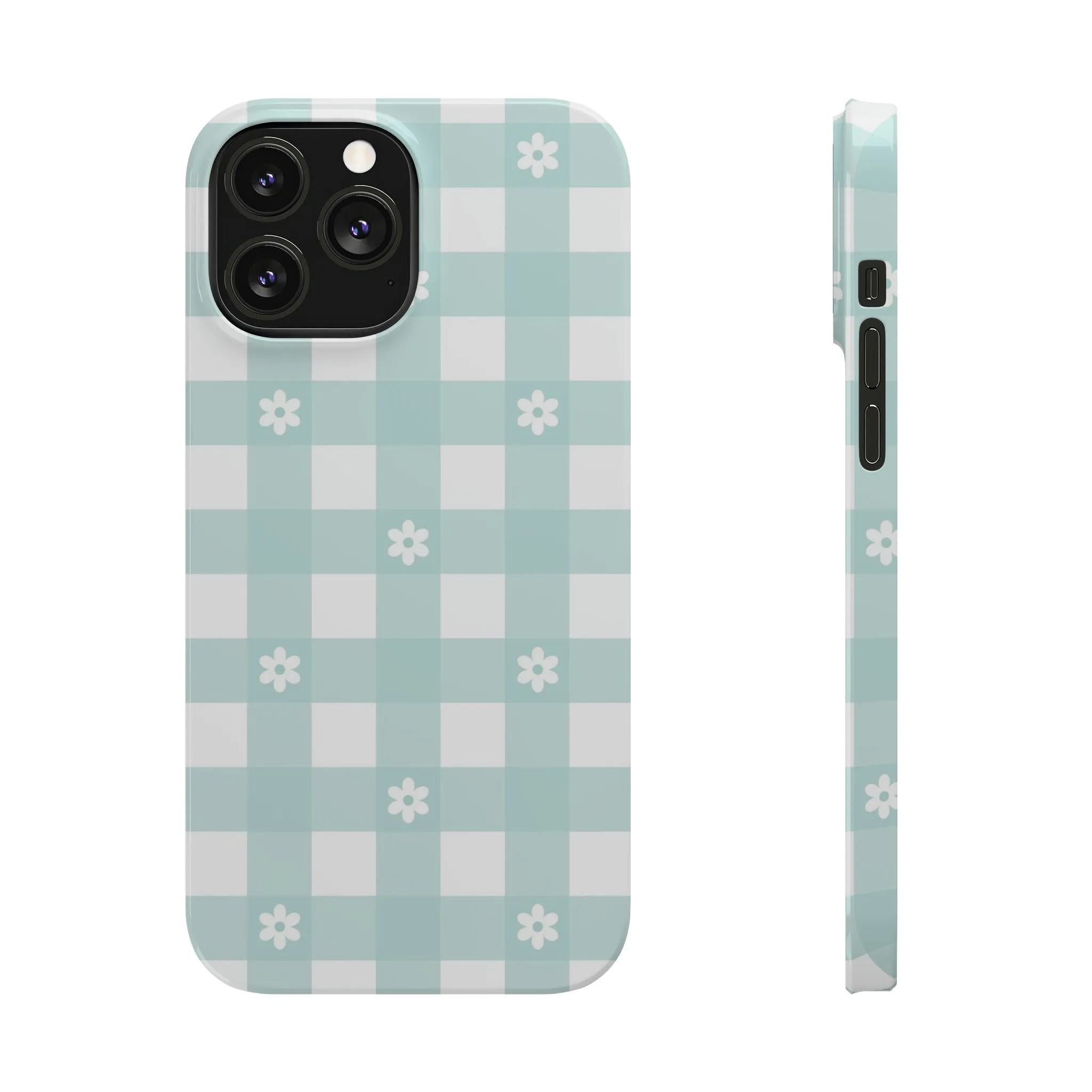 White Daisies and Blue Gingham Design Sleek Elegance Wireless-Charging Compatible Phone Case Slim Phone Case compatible with over 20 iphone models