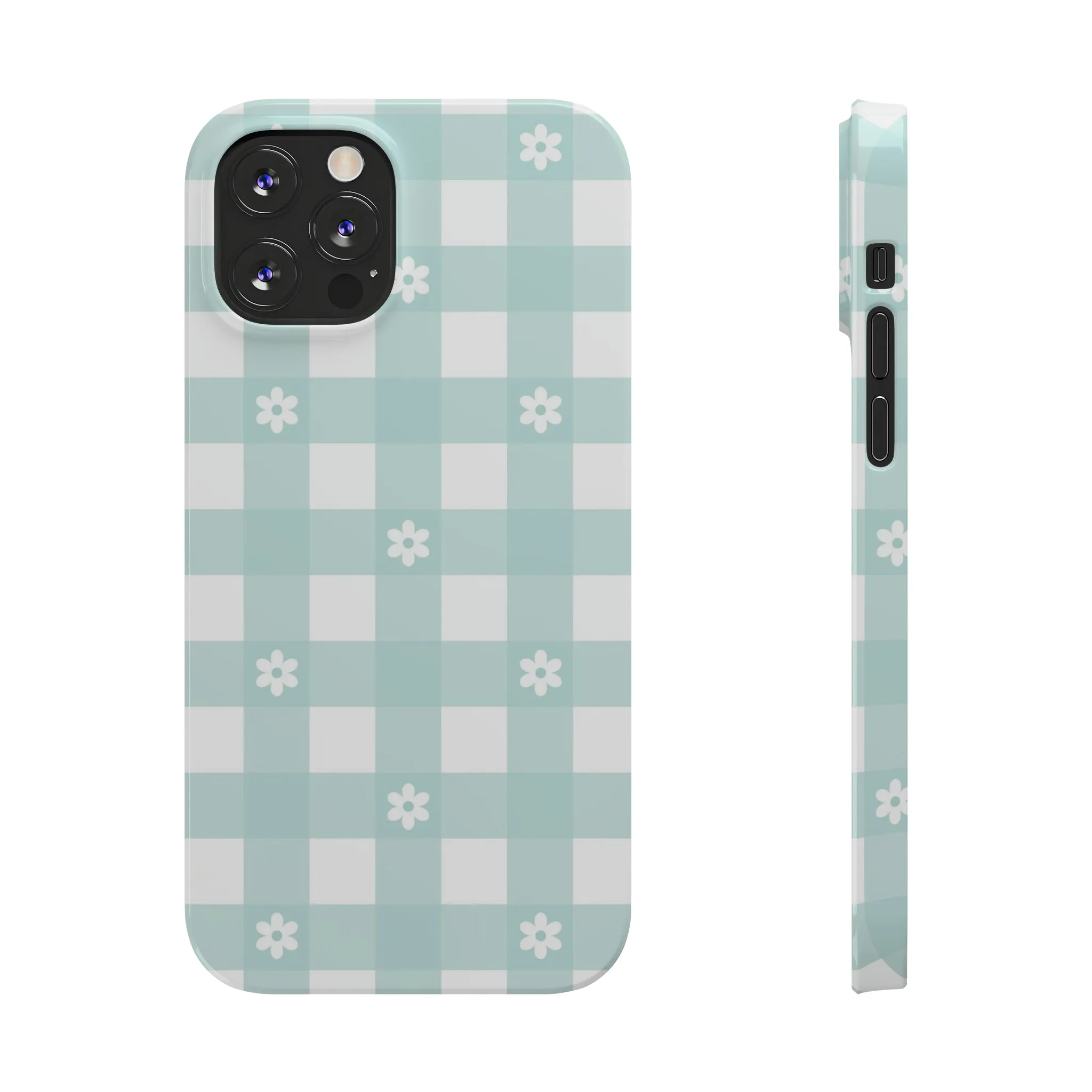 White Daisies and Blue Gingham Design Sleek Elegance Wireless-Charging Compatible Phone Case Slim Phone Case compatible with over 20 iphone models